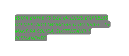 Estar entre as dez maiores empresas do mercado imobiliário do Brasil de maneira sólida sustentável e permanente